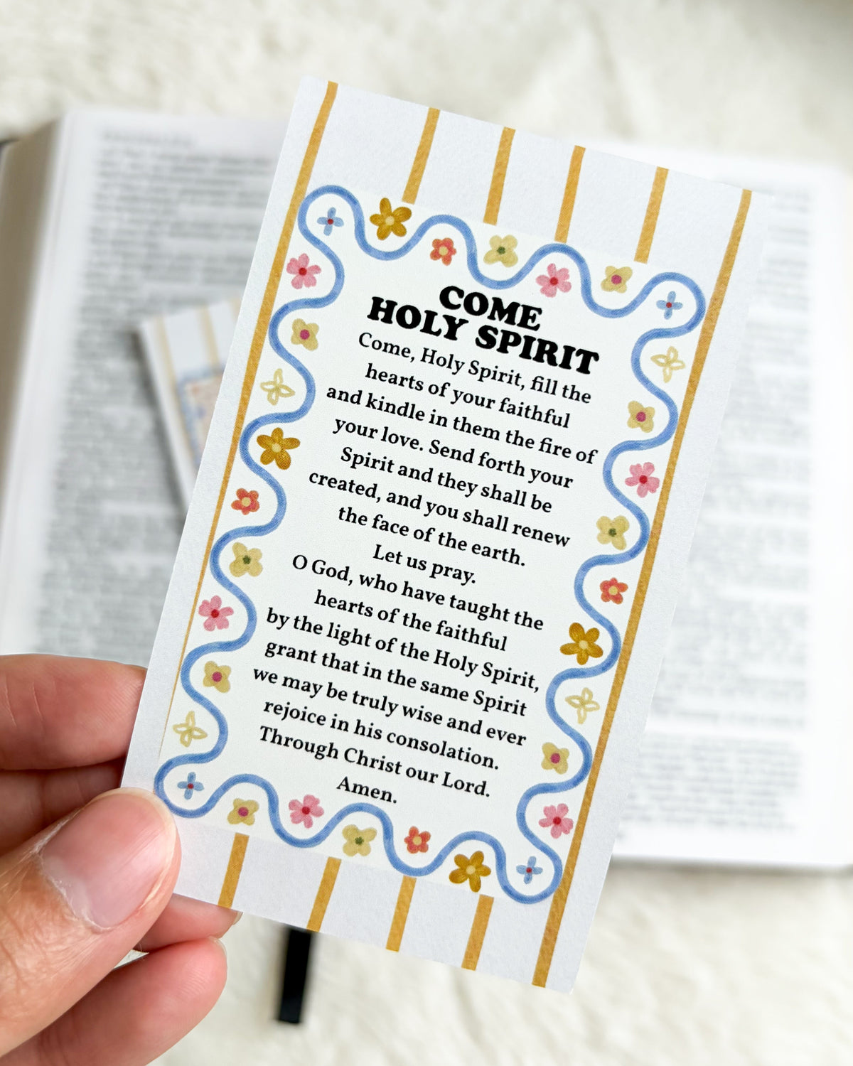 Come Holy Spirit Prayer Card & Bookmark - The Bean Workshop - archangel, Baptism, Catholic, children, Confirmation, Confirmation gift, faith gift, First Communion, guardian angel, Hail Mary, Holy Family, Holy Spirit, Pentecost, prayer card, St. Joseph, St. Michael