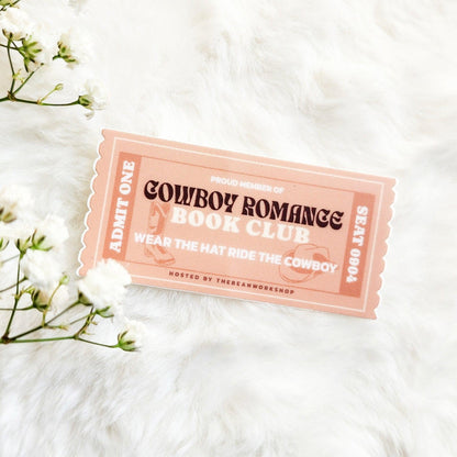 Cowboy Romance Book Genre Ticket Sticker - The Bean Workshop - book club gift, book lover gift, book trope, Bookish Accessories, Bookish Gift, bookish sticker, cowboy romance, Cowboy Romance Book Club, die cut sticker, kindle sticker, reading sticker, romance reader, sticker, western romance