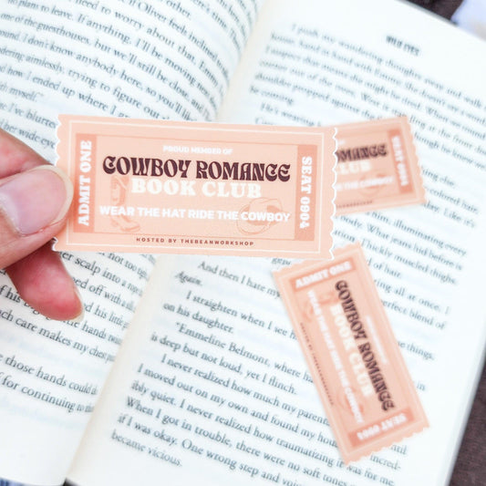 Cowboy Romance Book Genre Ticket Sticker - The Bean Workshop - book club gift, book lover gift, book trope, Bookish Accessories, Bookish Gift, bookish sticker, cowboy romance, Cowboy Romance Book Club, die cut sticker, kindle sticker, reading sticker, romance reader, sticker, western romance