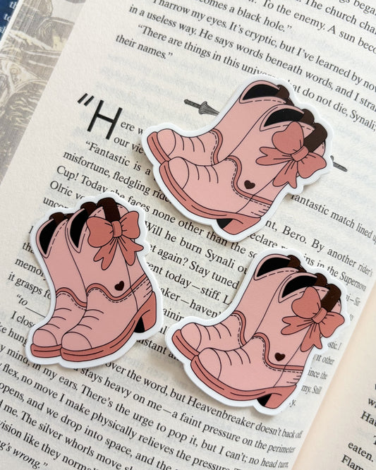 Cowgirl Boots with Bows Sticker - The Bean Workshop - book lover gift, book lover sticker, book trope, Bookish Gift, bookish sticker, cowboy romance, cowgirl sticker, cute sticker, die cut sticker, reader sticker, sticker, vinyl sticker, western romance