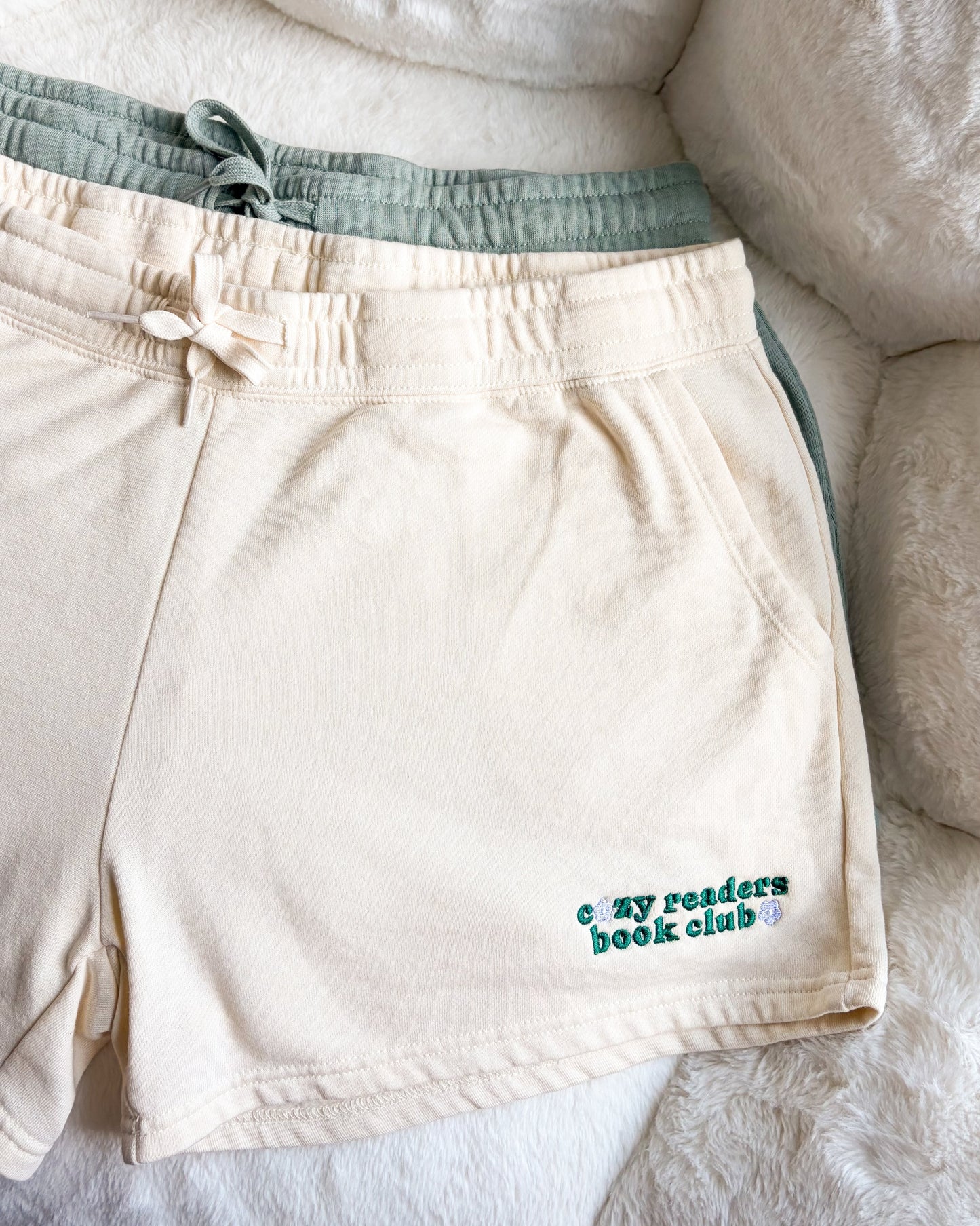 Cozy Readers Book Club Embroidered Wave Wash Fleece Shorts
