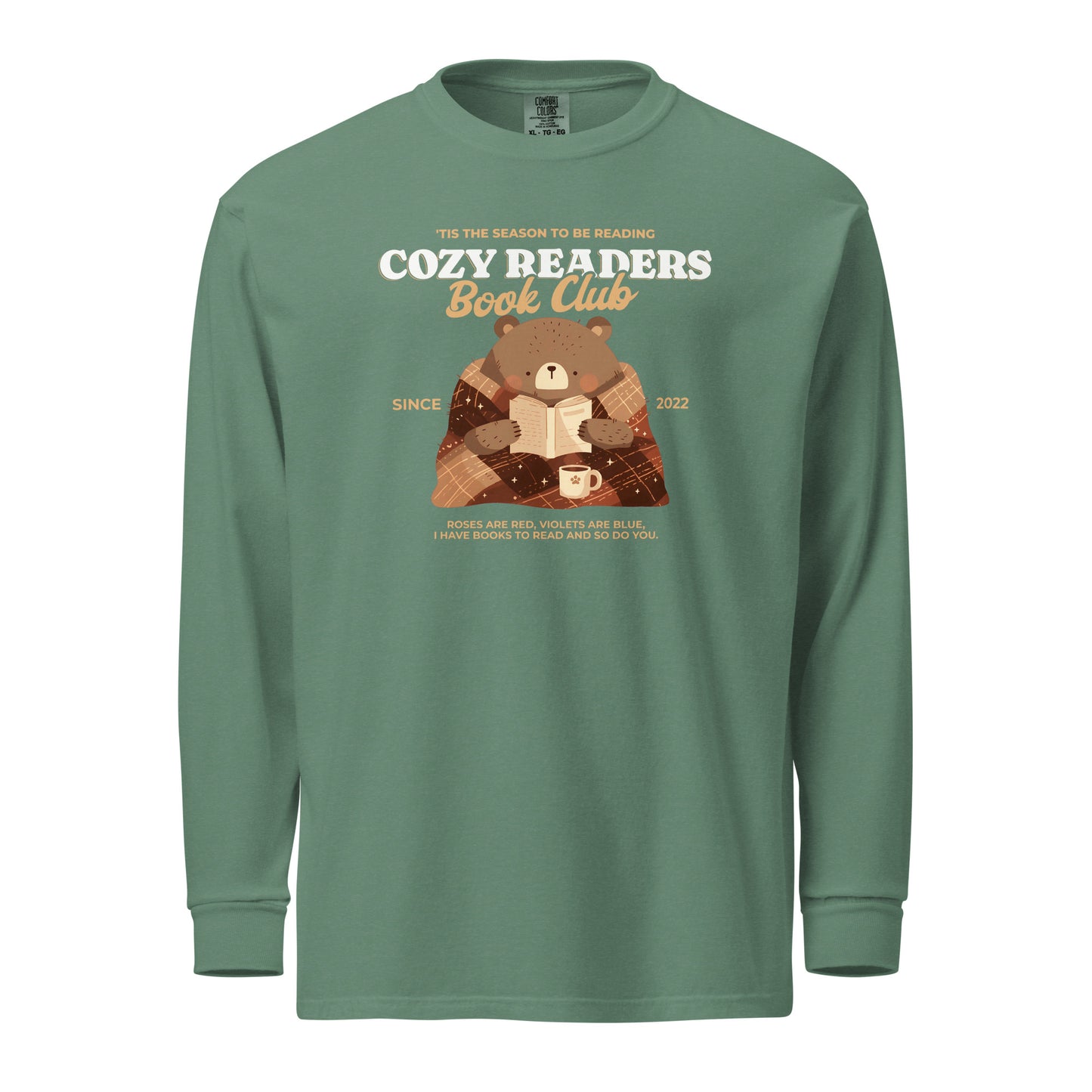 Cozy Readers Book Club Heavyweight Long-sleeve Shirt - The Bean Workshop - Autumn Vibes, Bear Graphic Long Sleeve Tee, Book Club Autumn Long Sleeve, Book Lover, Book Lover Gift, Bookish Accesories, Cozy Aesthetic, Cozy Bear, Cozy Long Sleeve for Readers, Cozy Readers Book Club, Cozy Reading Long Sleeve Shirt, fall, Long Sleeve Shirt, Long Sleeve Tee