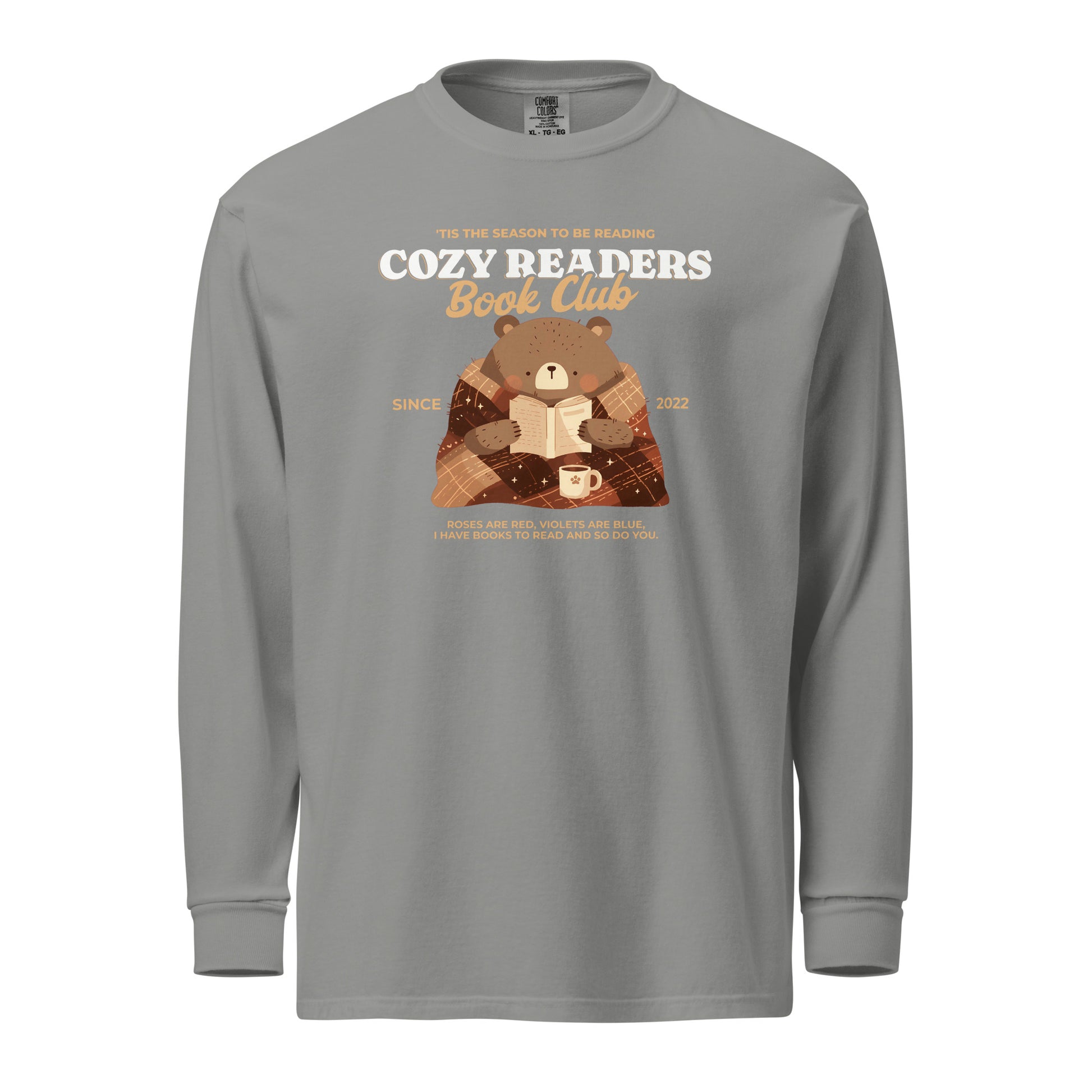 Cozy Readers Book Club Heavyweight Long-sleeve Shirt - The Bean Workshop - Autumn Vibes, Bear Graphic Long Sleeve Tee, Book Club Autumn Long Sleeve, Book Lover, Book Lover Gift, Bookish Accesories, Cozy Aesthetic, Cozy Bear, Cozy Long Sleeve for Readers, Cozy Readers Book Club, Cozy Reading Long Sleeve Shirt, fall, Long Sleeve Shirt, Long Sleeve Tee