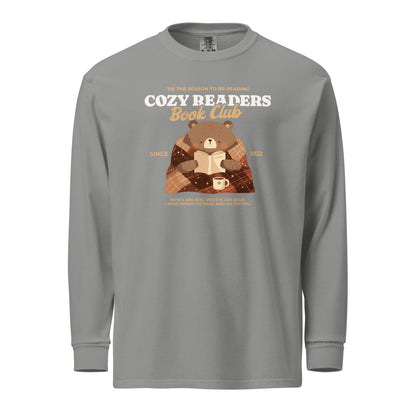 Cozy Readers Book Club Heavyweight Long-sleeve Shirt - The Bean Workshop - Autumn Vibes, Bear Graphic Long Sleeve Tee, Book Club Autumn Long Sleeve, Book Lover, Book Lover Gift, Bookish Accesories, Cozy Aesthetic, Cozy Bear, Cozy Long Sleeve for Readers, Cozy Readers Book Club, Cozy Reading Long Sleeve Shirt, fall, Long Sleeve Shirt, Long Sleeve Tee