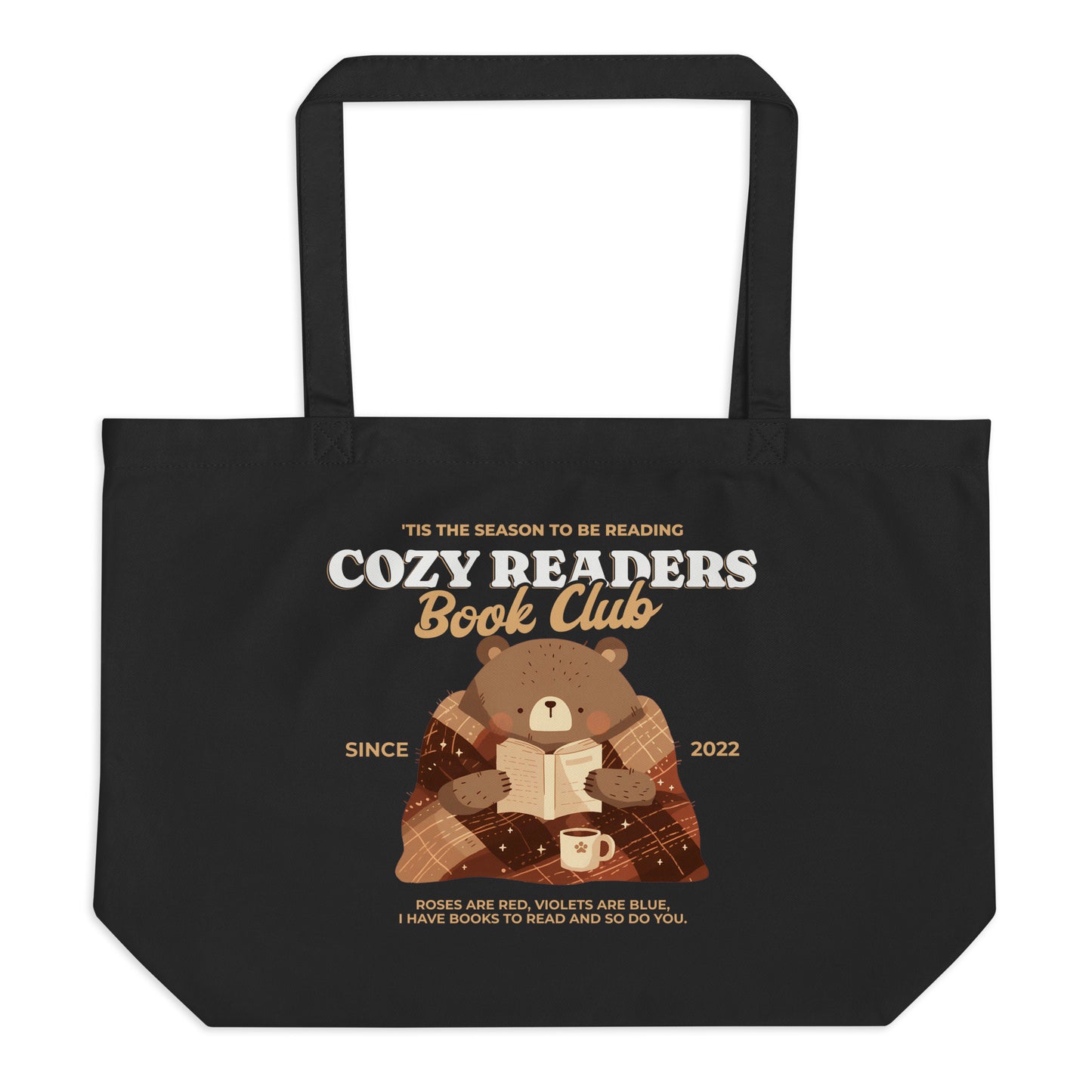 Cozy Readers Book Club Large Organic Cotton Twill Tote Bag - The Bean Workshop - Autumn Vibes, Book Lover, Book Lover Canvas Library Bag, Book Lover Gift, Bookish Accesories, Canvas Tote, Cozy Aesthetic, Cozy Bear, Cozy Reader Bear Tote Bag, Cozy Readers Book Club, Cute Illustrated Book Tote, fall, Fall Reading Market Tote, Tote Bag