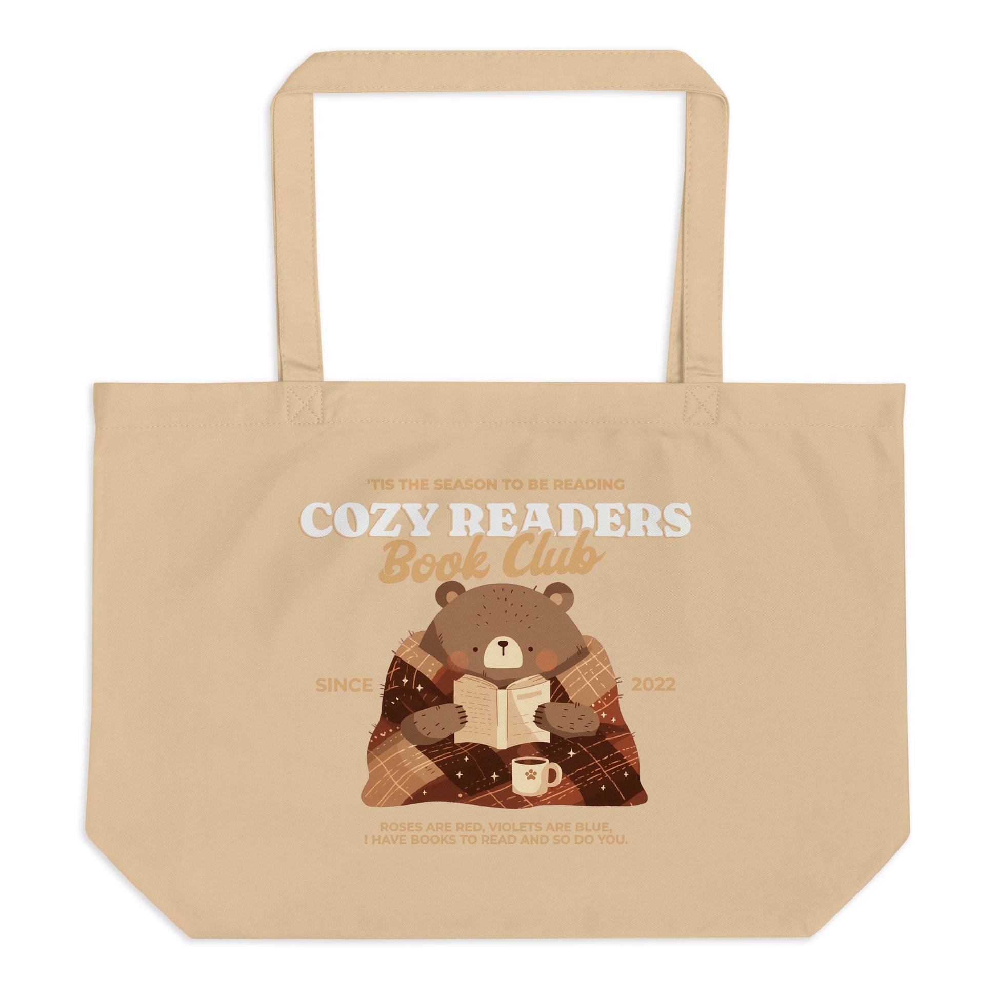 Cozy Readers Book Club Large Organic Cotton Twill Tote Bag - The Bean Workshop - Autumn Vibes, Book Lover, Book Lover Canvas Library Bag, Book Lover Gift, Bookish Accesories, Canvas Tote, Cozy Aesthetic, Cozy Bear, Cozy Reader Bear Tote Bag, Cozy Readers Book Club, Cute Illustrated Book Tote, fall, Fall Reading Market Tote, Tote Bag