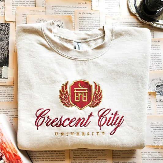 Crescent City University Embroidered Sweatshirt - The Bean Workshop - bryce quinlan, danika fendyr, embroidered, sarah j. maas, sweatshirt