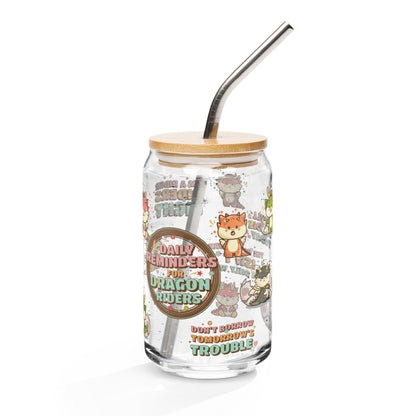 Daily Reminders for Dragon Riders Can-Shaped Glass Mug - The Bean Workshop - dragon riders, fourth wing, glass can, glass mug, mug, rebecca yarros, the empyrean series