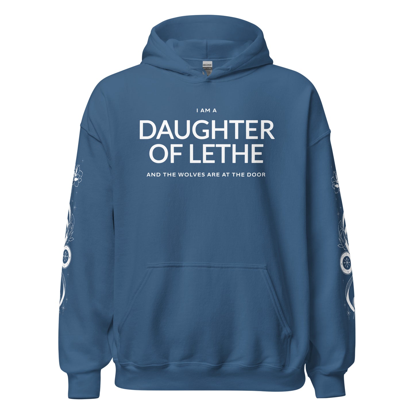 Daughter of Lethe Hoodie - The Bean Workshop - Alex Stern literary quote hoodie, Bookish Streetwear, Bookworm Gift, Cozy Fan Merch, Dark academia hoodie for book lovers, Fantasy Book Apparel, Gift for Readers, Gothic Clothing, leigh bardugo, Leigh Bardugo Daughter of Lethe merch, Lethe House, Ninth House hoodie with sleeve print, Ouroboros Tattoo Design, Yale's Ancient Eight