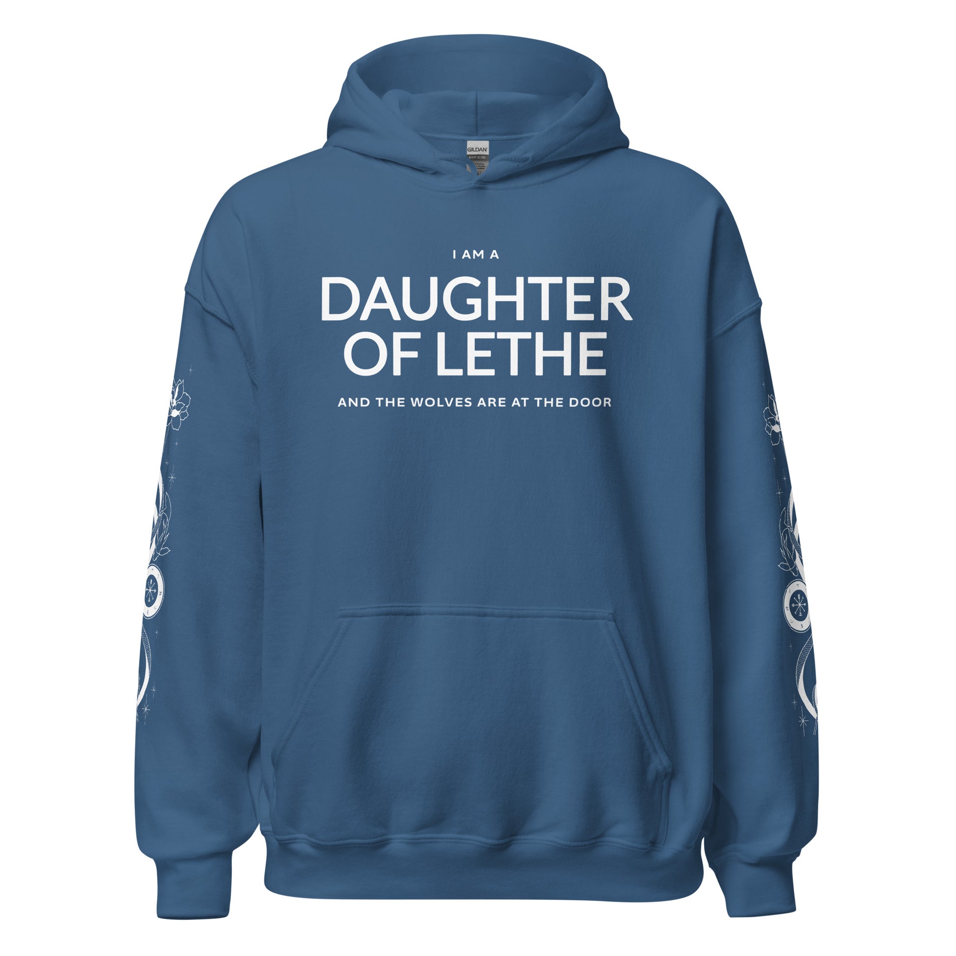 Daughter of Lethe Hoodie - The Bean Workshop - Alex Stern literary quote hoodie, Bookish Streetwear, Bookworm Gift, Cozy Fan Merch, Dark academia hoodie for book lovers, Fantasy Book Apparel, Gift for Readers, Gothic Clothing, leigh bardugo, Leigh Bardugo Daughter of Lethe merch, Lethe House, Ninth House hoodie with sleeve print, Ouroboros Tattoo Design, Yale's Ancient Eight