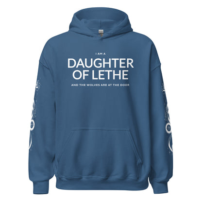 Daughter of Lethe Hoodie - The Bean Workshop - Alex Stern literary quote hoodie, Bookish Streetwear, Bookworm Gift, Cozy Fan Merch, Dark academia hoodie for book lovers, Fantasy Book Apparel, Gift for Readers, Gothic Clothing, leigh bardugo, Leigh Bardugo Daughter of Lethe merch, Lethe House, Ninth House hoodie with sleeve print, Ouroboros Tattoo Design, Yale's Ancient Eight