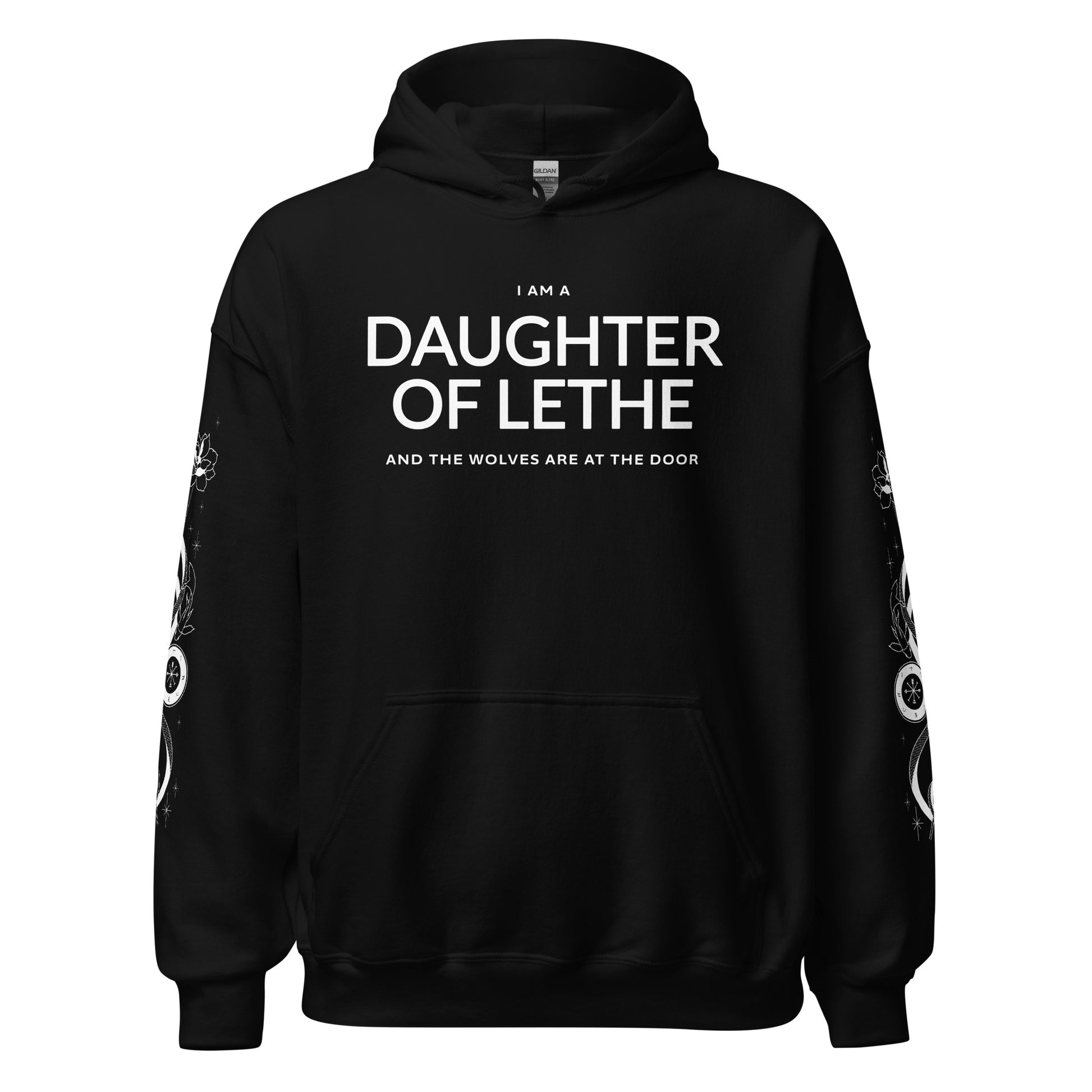 Daughter of Lethe Hoodie - The Bean Workshop - Alex Stern literary quote hoodie, Bookish Streetwear, Bookworm Gift, Cozy Fan Merch, Dark academia hoodie for book lovers, Fantasy Book Apparel, Gift for Readers, Gothic Clothing, leigh bardugo, Leigh Bardugo Daughter of Lethe merch, Lethe House, Ninth House hoodie with sleeve print, Ouroboros Tattoo Design, Yale's Ancient Eight