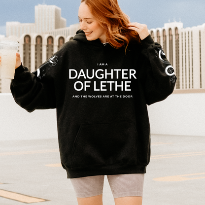 Daughter of Lethe Hoodie - The Bean Workshop - Alex Stern literary quote hoodie, Bookish Streetwear, Bookworm Gift, Cozy Fan Merch, Dark academia hoodie for book lovers, Fantasy Book Apparel, Gift for Readers, Gothic Clothing, leigh bardugo, Leigh Bardugo Daughter of Lethe merch, Lethe House, Ninth House hoodie with sleeve print, Ouroboros Tattoo Design, Yale's Ancient Eight