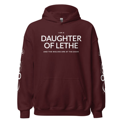 Daughter of Lethe Hoodie - The Bean Workshop - Alex Stern literary quote hoodie, Bookish Streetwear, Bookworm Gift, Cozy Fan Merch, Dark academia hoodie for book lovers, Fantasy Book Apparel, Gift for Readers, Gothic Clothing, leigh bardugo, Leigh Bardugo Daughter of Lethe merch, Lethe House, Ninth House hoodie with sleeve print, Ouroboros Tattoo Design, Yale's Ancient Eight