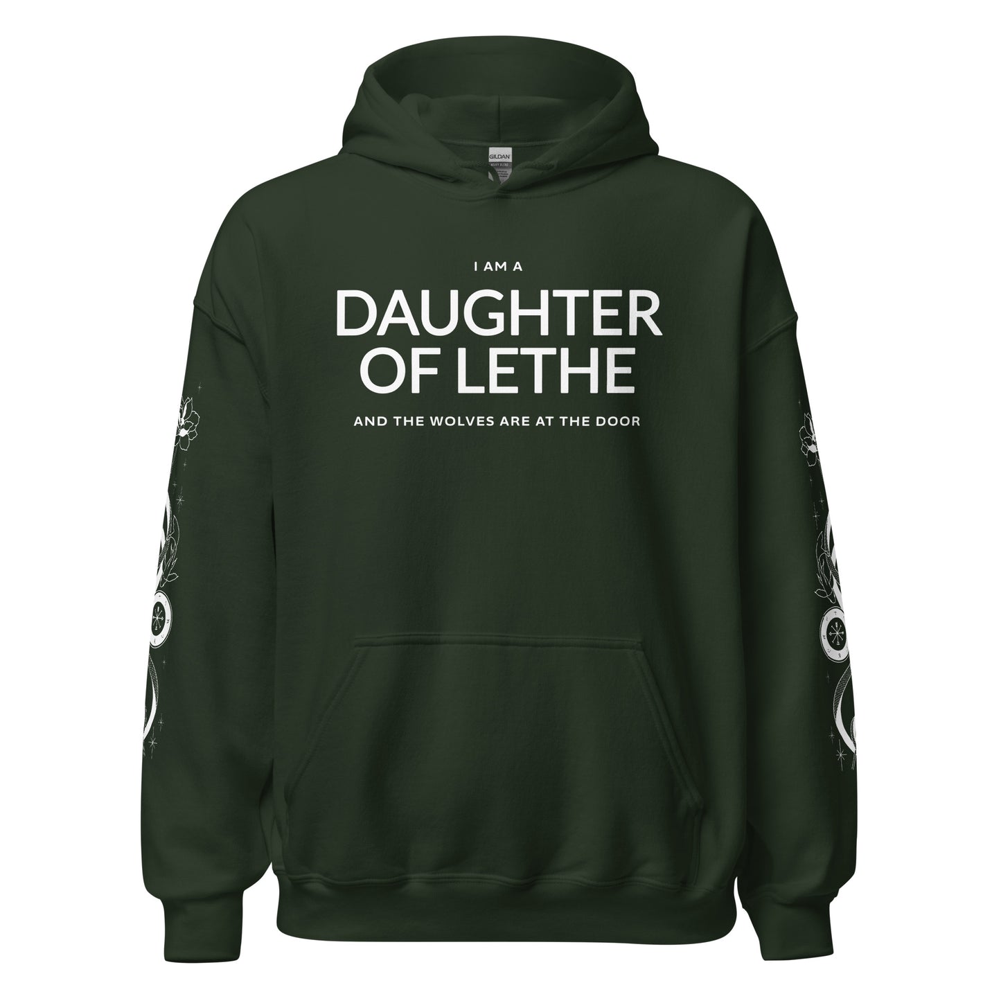 Daughter of Lethe Hoodie - The Bean Workshop - Alex Stern literary quote hoodie, Bookish Streetwear, Bookworm Gift, Cozy Fan Merch, Dark academia hoodie for book lovers, Fantasy Book Apparel, Gift for Readers, Gothic Clothing, leigh bardugo, Leigh Bardugo Daughter of Lethe merch, Lethe House, Ninth House hoodie with sleeve print, Ouroboros Tattoo Design, Yale's Ancient Eight