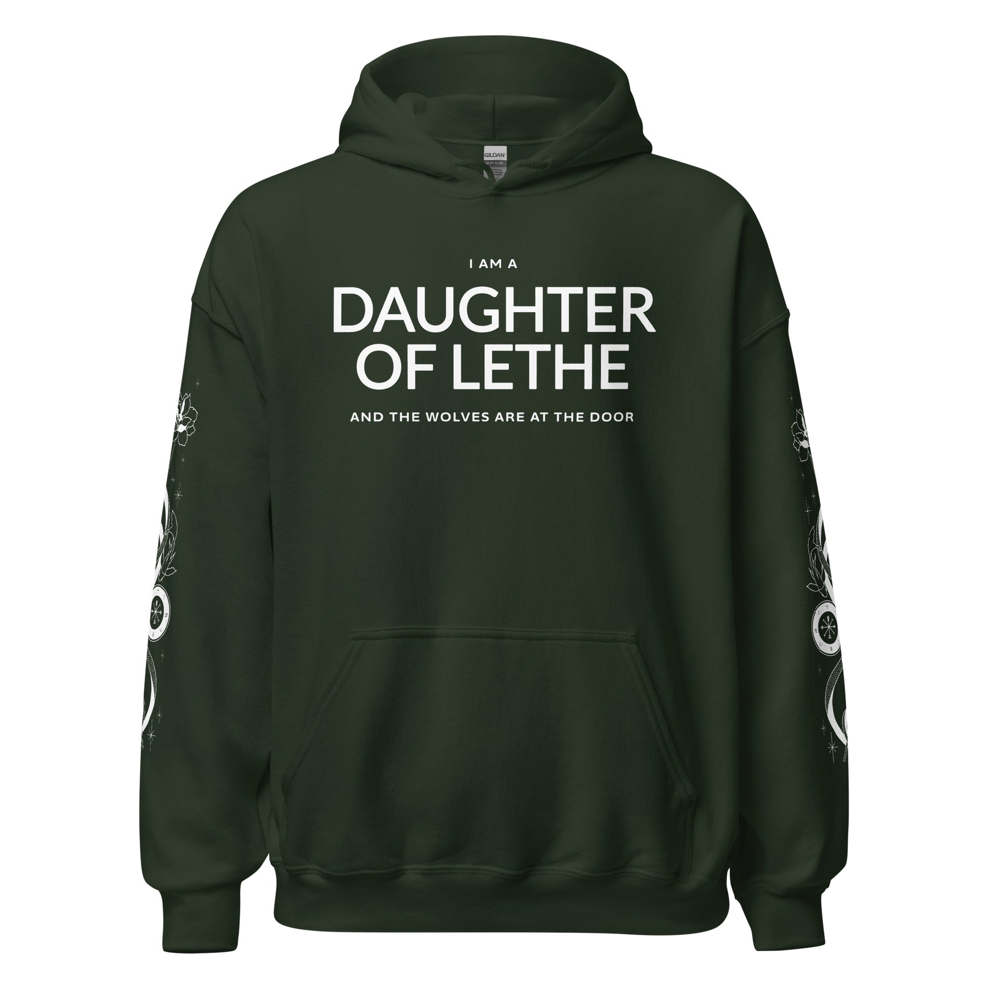 Daughter of Lethe Hoodie - The Bean Workshop - Alex Stern literary quote hoodie, Bookish Streetwear, Bookworm Gift, Cozy Fan Merch, Dark academia hoodie for book lovers, Fantasy Book Apparel, Gift for Readers, Gothic Clothing, leigh bardugo, Leigh Bardugo Daughter of Lethe merch, Lethe House, Ninth House hoodie with sleeve print, Ouroboros Tattoo Design, Yale's Ancient Eight