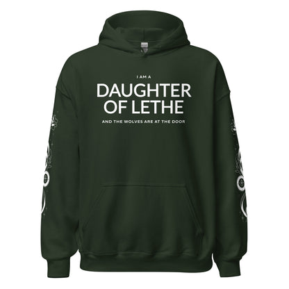 Daughter of Lethe Hoodie - The Bean Workshop - Alex Stern literary quote hoodie, Bookish Streetwear, Bookworm Gift, Cozy Fan Merch, Dark academia hoodie for book lovers, Fantasy Book Apparel, Gift for Readers, Gothic Clothing, leigh bardugo, Leigh Bardugo Daughter of Lethe merch, Lethe House, Ninth House hoodie with sleeve print, Ouroboros Tattoo Design, Yale's Ancient Eight