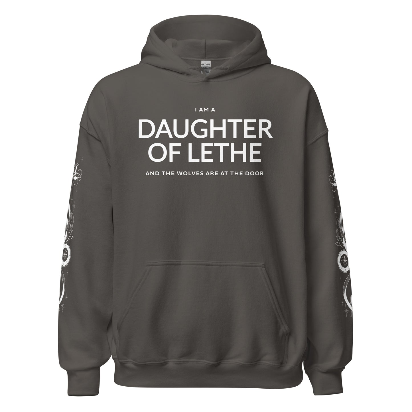 Daughter of Lethe Hoodie - The Bean Workshop - Alex Stern literary quote hoodie, Bookish Streetwear, Bookworm Gift, Cozy Fan Merch, Dark academia hoodie for book lovers, Fantasy Book Apparel, Gift for Readers, Gothic Clothing, leigh bardugo, Leigh Bardugo Daughter of Lethe merch, Lethe House, Ninth House hoodie with sleeve print, Ouroboros Tattoo Design, Yale's Ancient Eight