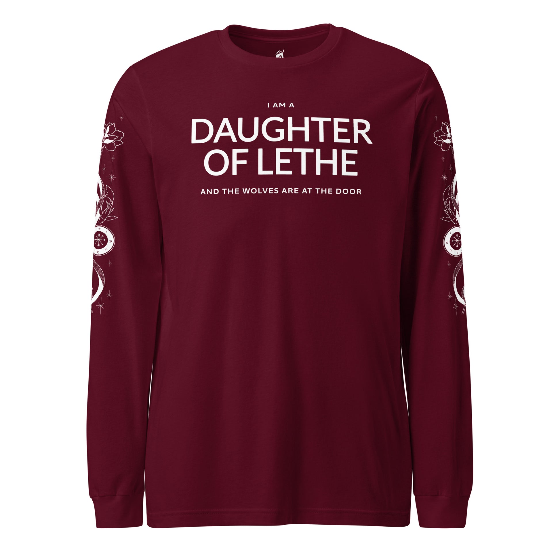 Daughter of Lethe Long-Sleeve Tee - The Bean Workshop - Alex Stern tattoo sleeve shirt, Book Quote Apparel, Bookworm Fashion, Dark academia clothing for fans, Daughter of Lethe shirt with sleeve print, Detailed Book Merch, Fantasy Reader Gift, Gothic Aesthetic, Leigh Bardugo book merchandise, Lethe House, Literary Gift, Ninth House long-sleeve shirt, Ouroboros Design