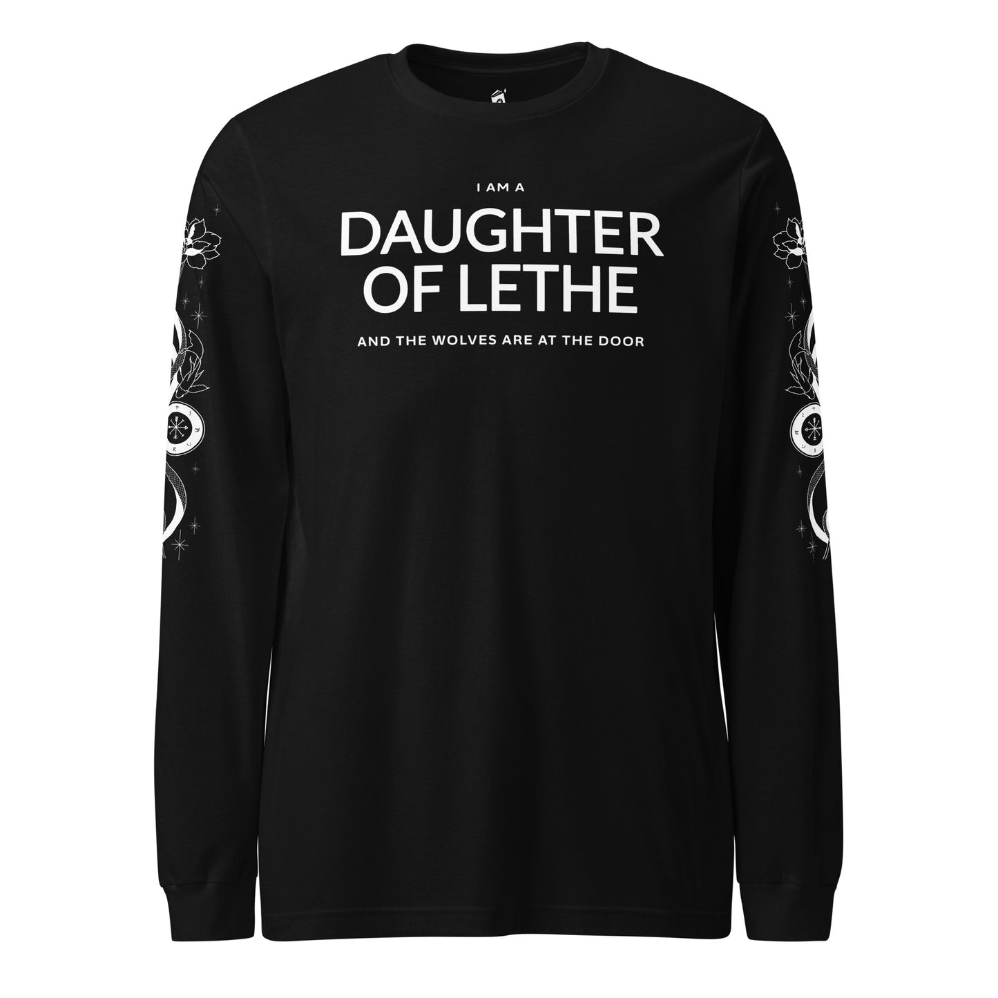 Daughter of Lethe Long-Sleeve Tee - The Bean Workshop - Alex Stern tattoo sleeve shirt, Book Quote Apparel, Bookworm Fashion, Dark academia clothing for fans, Daughter of Lethe shirt with sleeve print, Detailed Book Merch, Fantasy Reader Gift, Gothic Aesthetic, Leigh Bardugo book merchandise, Lethe House, Literary Gift, Ninth House long-sleeve shirt, Ouroboros Design
