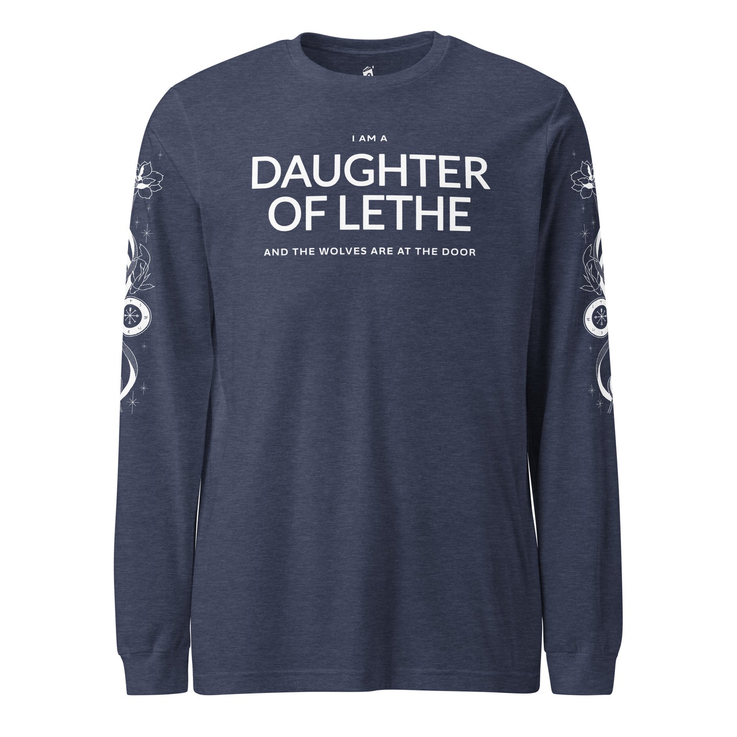 Daughter of Lethe Long-Sleeve Tee - The Bean Workshop - Alex Stern tattoo sleeve shirt, Book Quote Apparel, Bookworm Fashion, Dark academia clothing for fans, Daughter of Lethe shirt with sleeve print, Detailed Book Merch, Fantasy Reader Gift, Gothic Aesthetic, Leigh Bardugo book merchandise, Lethe House, Literary Gift, Ninth House long-sleeve shirt, Ouroboros Design