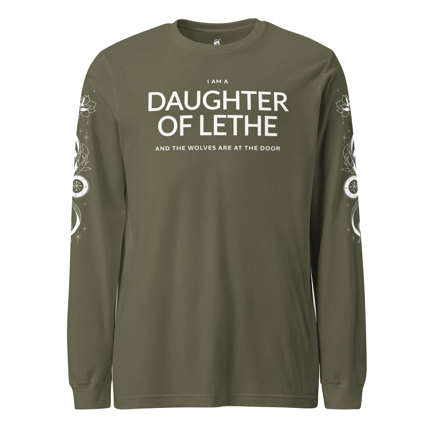 Daughter of Lethe Long-Sleeve Tee - The Bean Workshop - Alex Stern tattoo sleeve shirt, Book Quote Apparel, Bookworm Fashion, Dark academia clothing for fans, Daughter of Lethe shirt with sleeve print, Detailed Book Merch, Fantasy Reader Gift, Gothic Aesthetic, Leigh Bardugo book merchandise, Lethe House, Literary Gift, Ninth House long-sleeve shirt, Ouroboros Design
