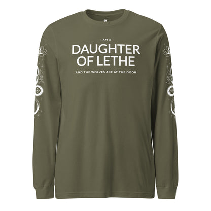 Daughter of Lethe Long-Sleeve Tee - The Bean Workshop - Alex Stern tattoo sleeve shirt, Book Quote Apparel, Bookworm Fashion, Dark academia clothing for fans, Daughter of Lethe shirt with sleeve print, Detailed Book Merch, Fantasy Reader Gift, Gothic Aesthetic, Leigh Bardugo book merchandise, Lethe House, Literary Gift, Ninth House long-sleeve shirt, Ouroboros Design