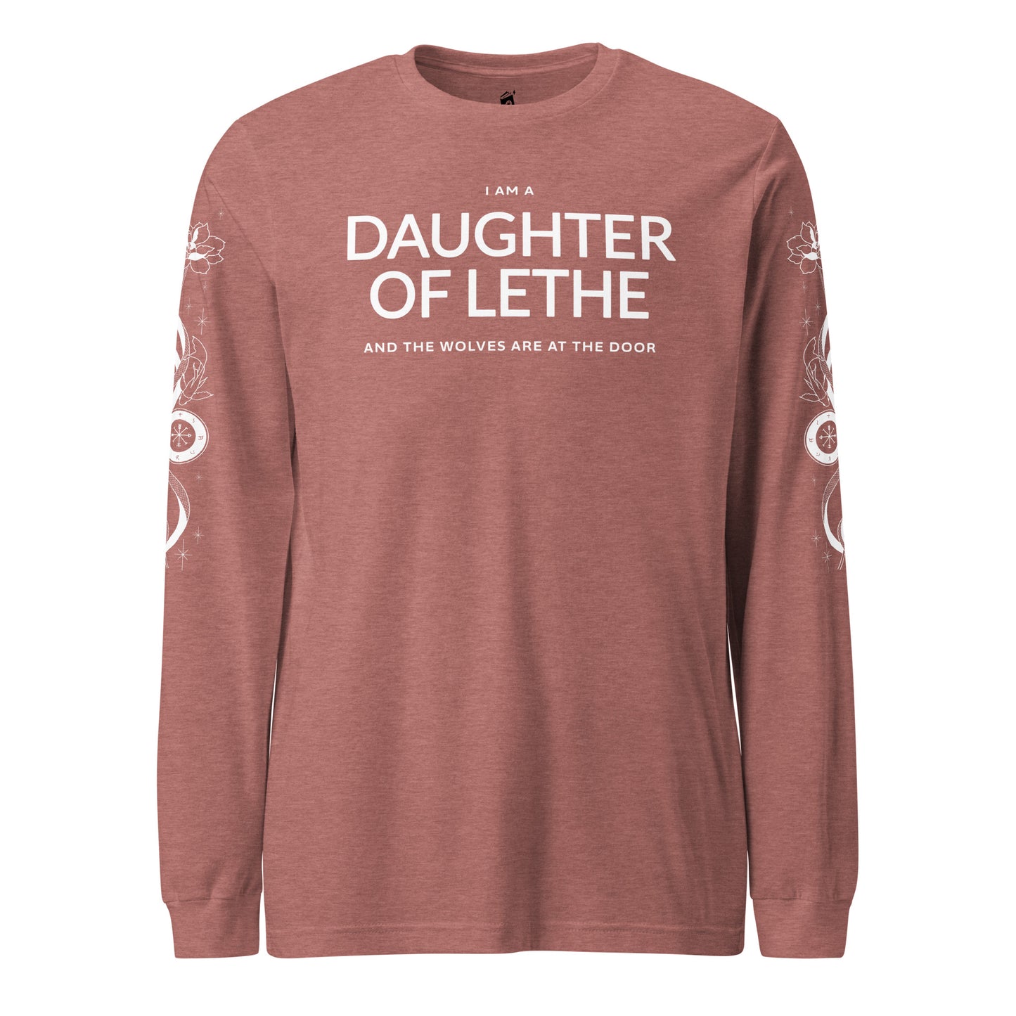 Daughter of Lethe Long-Sleeve Tee - The Bean Workshop - Alex Stern tattoo sleeve shirt, Book Quote Apparel, Bookworm Fashion, Dark academia clothing for fans, Daughter of Lethe shirt with sleeve print, Detailed Book Merch, Fantasy Reader Gift, Gothic Aesthetic, Leigh Bardugo book merchandise, Lethe House, Literary Gift, Ninth House long-sleeve shirt, Ouroboros Design