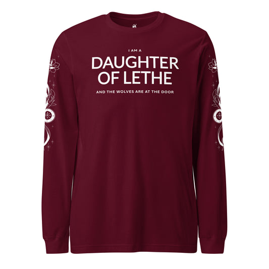 Daughter of Lethe Long-Sleeve Tee - The Bean Workshop - Alex Stern tattoo sleeve shirt, Book Quote Apparel, Bookworm Fashion, Dark academia clothing for fans, Daughter of Lethe shirt with sleeve print, Detailed Book Merch, Fantasy Reader Gift, Gothic Aesthetic, Leigh Bardugo book merchandise, Lethe House, Literary Gift, Ninth House long-sleeve shirt, Ouroboros Design