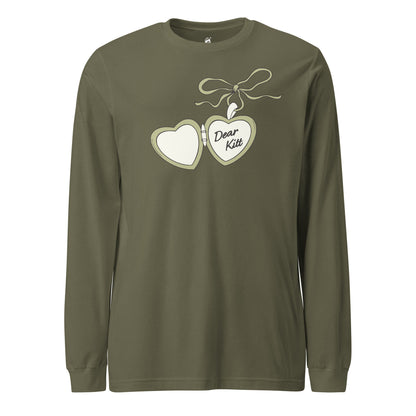 Dear Kitt Heart Locket Long Sleeve Tee | Divine Rivals Rebecca Ross Gift - The Bean Workshop - Book Lover Gift, Cottagecore, Cozy Aesthetic, Cute Book Merch, Dear Kitt apparel for readers, Divine Rivals, Iris Winnow, Letters of Enchantment, Letters of Enchantment book merch, long sleeve tee, Reader Apparel, Rebecca Ross, Roman Kitt, Romantic fantasy clothing, Vintage Locket