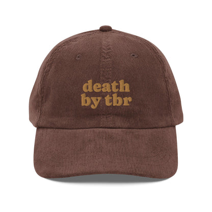 Death by TBR Vintage Corduroy Cap - The Bean Workshop - book lover, bookish, cap, corduroy cap, embroidered, hat, old school, read everyday, reading accessories, vintage