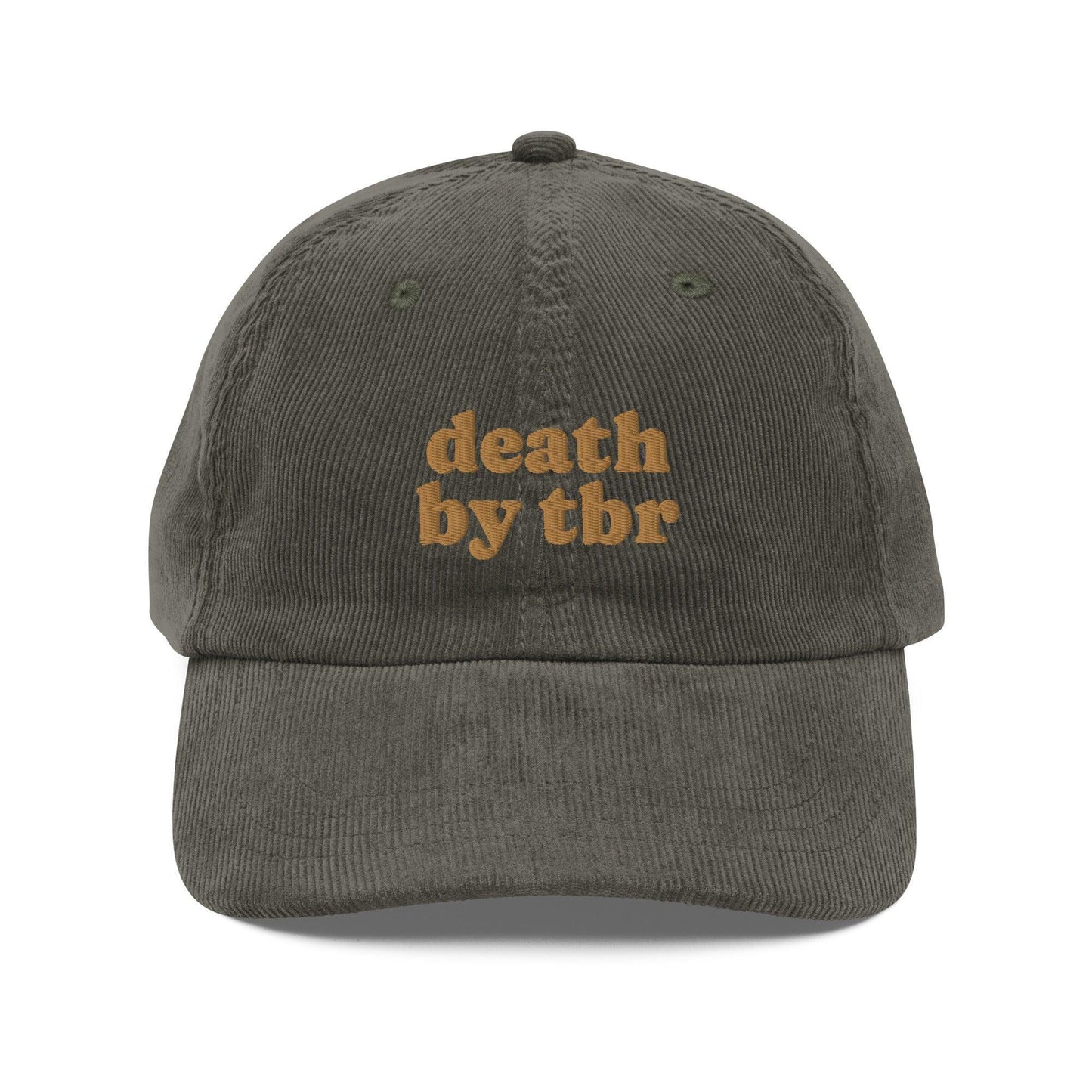 Death by TBR Vintage Corduroy Cap - The Bean Workshop - book lover, bookish, cap, corduroy cap, embroidered, hat, old school, read everyday, reading accessories, vintage