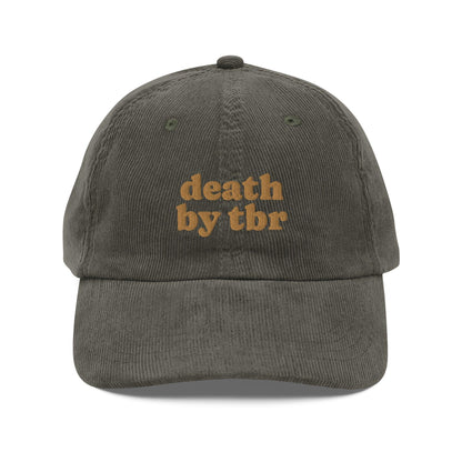 Death by TBR Vintage Corduroy Cap - The Bean Workshop - book lover, bookish, cap, corduroy cap, embroidered, hat, old school, read everyday, reading accessories, vintage