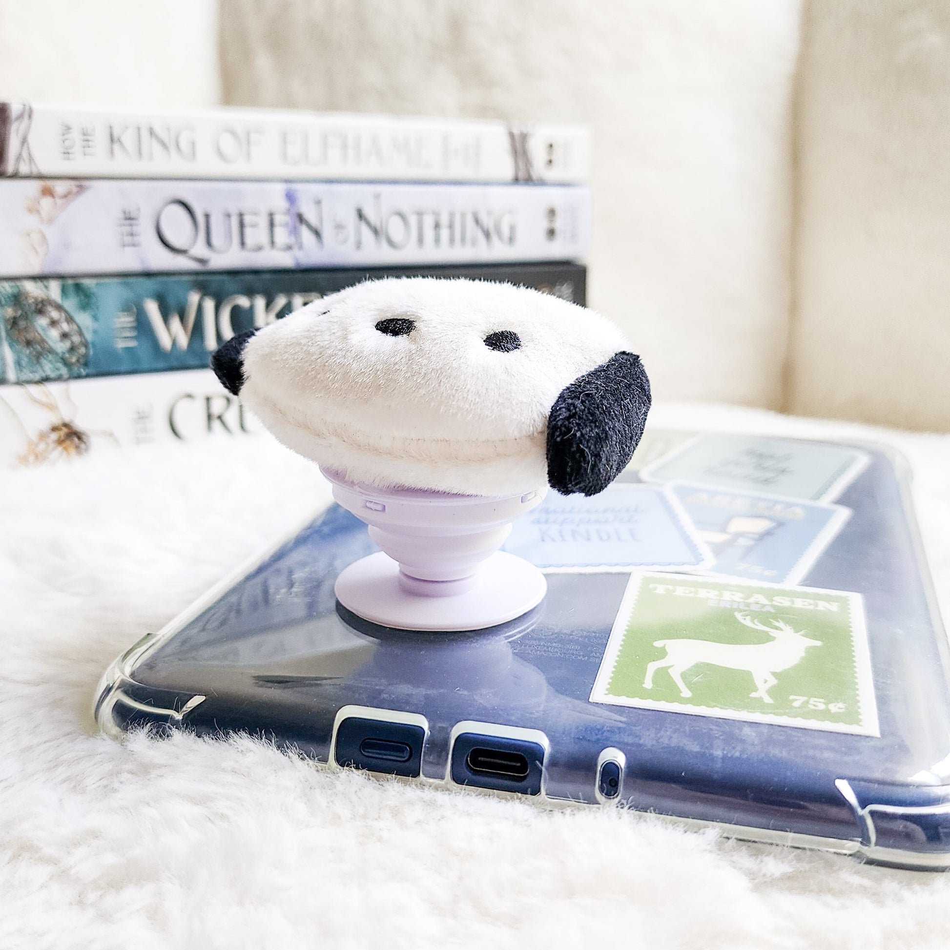 Dog Plush Foldable Adhesive Kindle Grip - The Bean Workshop - kindle grip, reading accessories