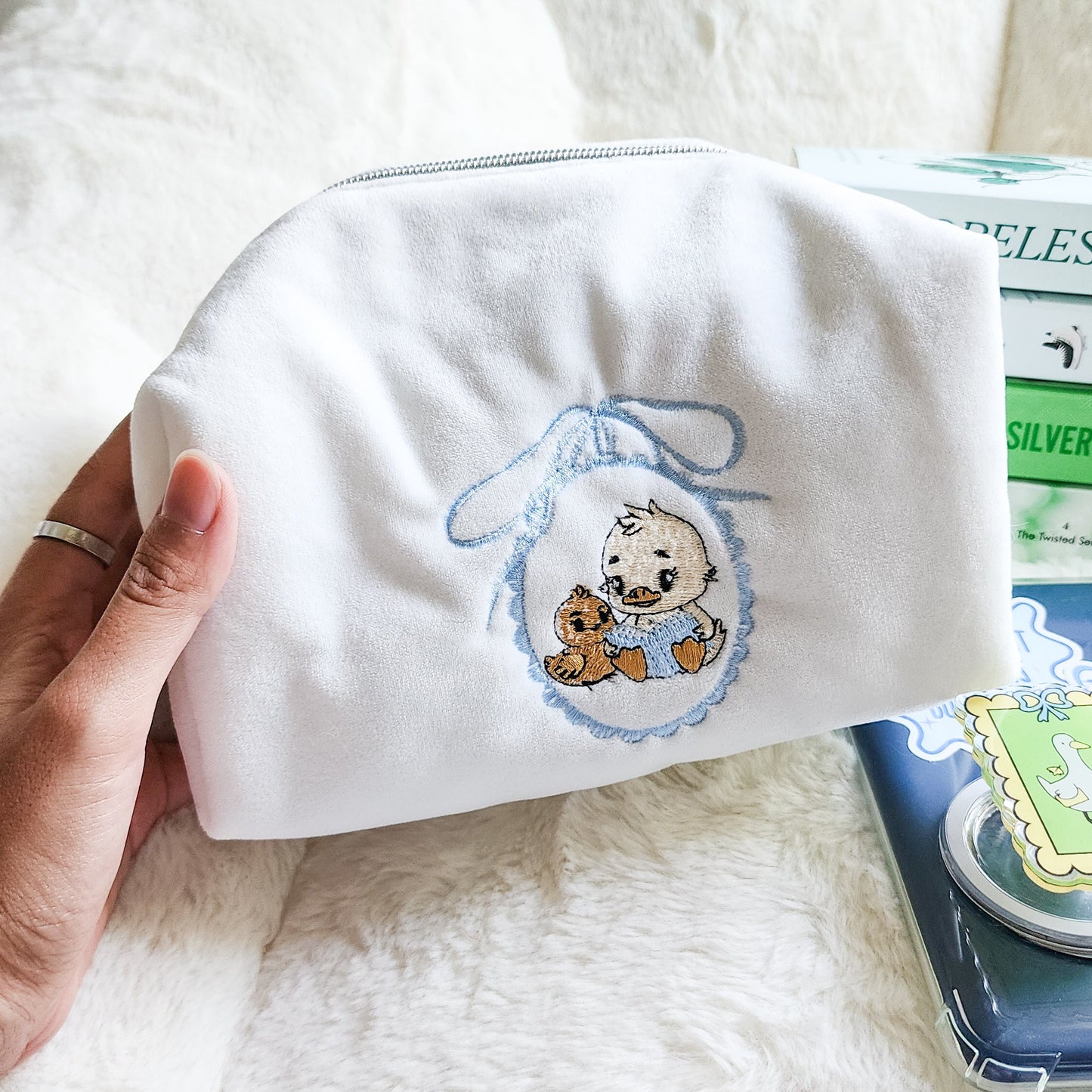 Duck and Chick Book Club Zippered Bookish Pouch - The Bean Workshop - bow, coquette, kindle bag, makeup bag, quilted pouch, reading accessories