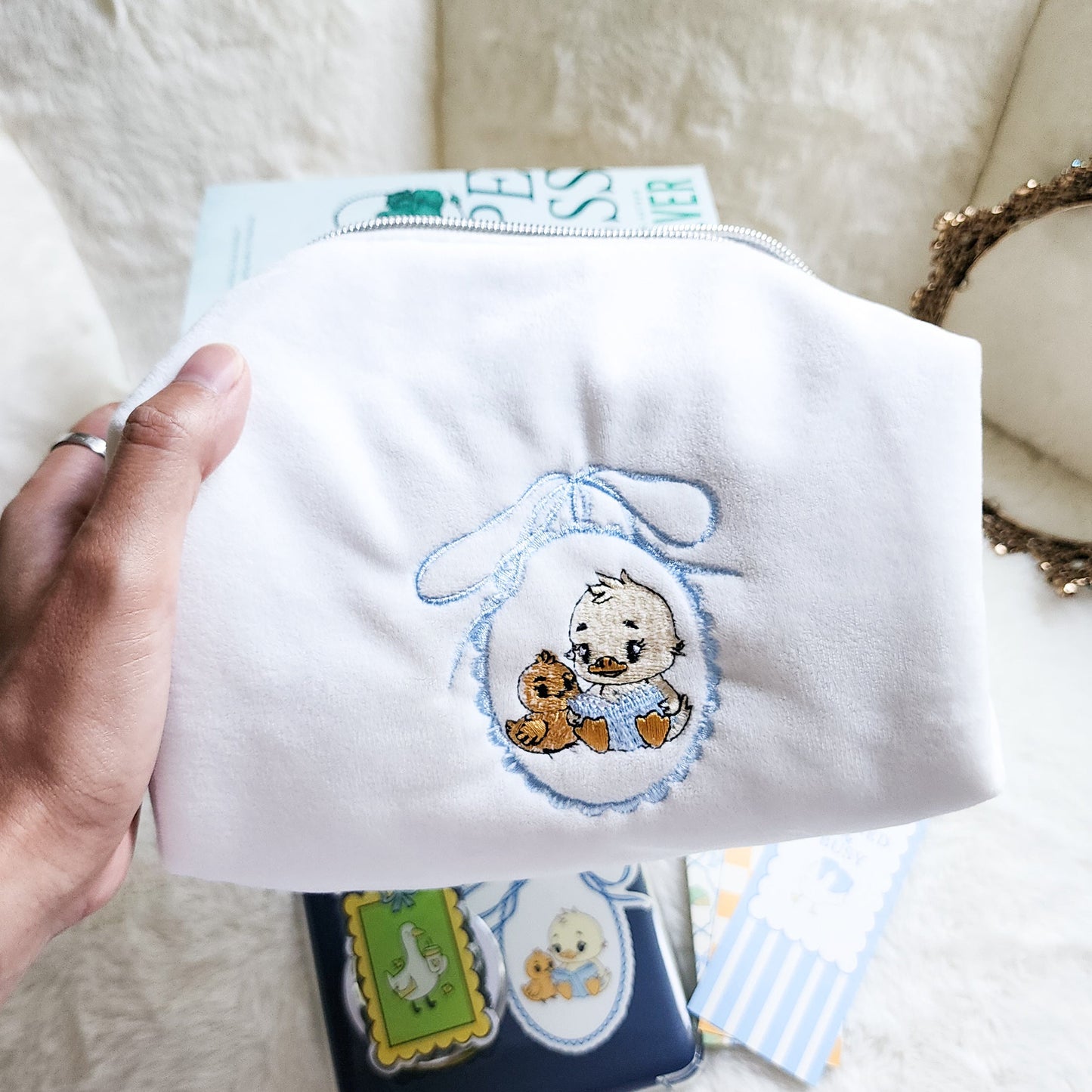 Duck and Chick Book Club Zippered Bookish Pouch - The Bean Workshop - bow, coquette, kindle bag, makeup bag, quilted pouch, reading accessories