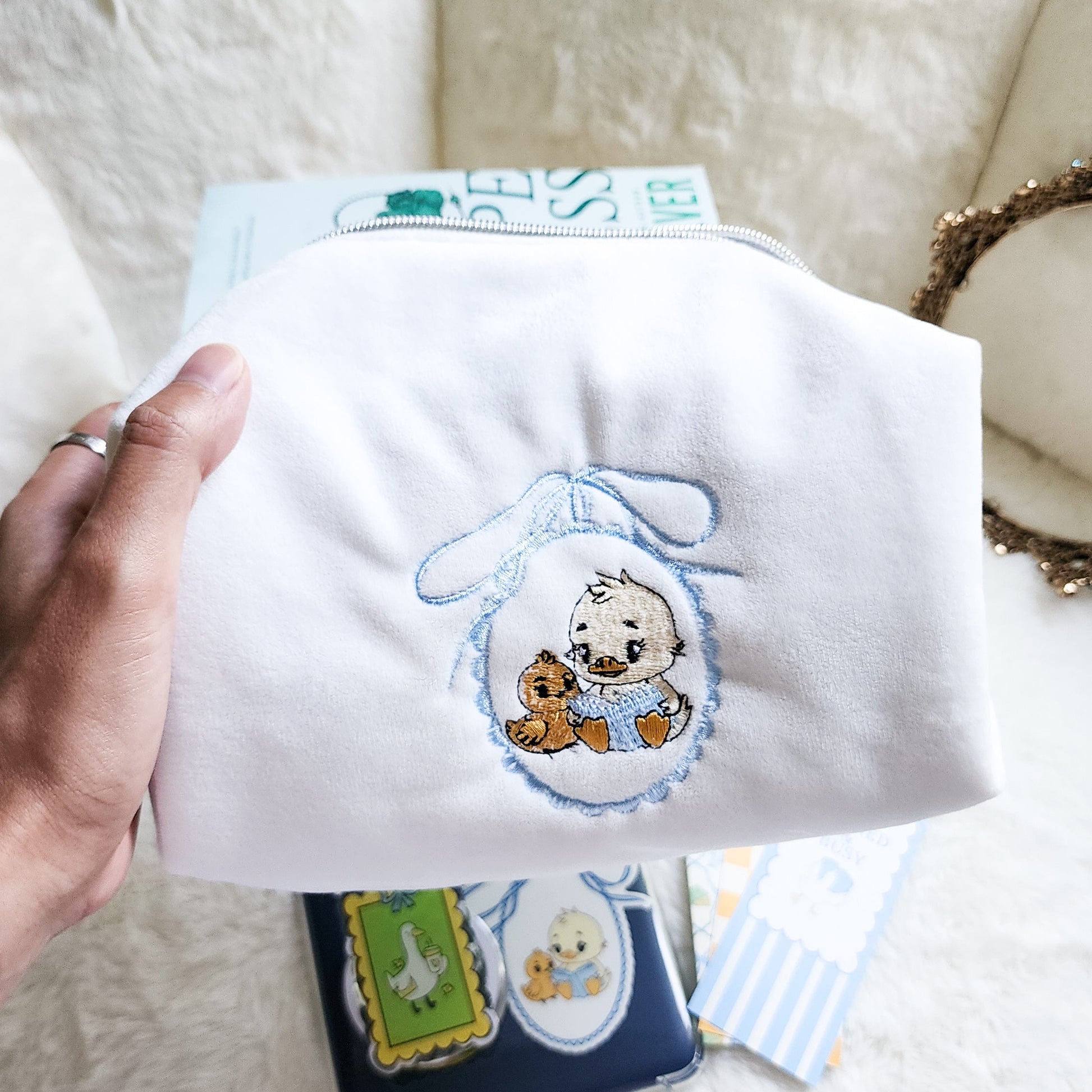 Duck and Chick Book Club Zippered Bookish Pouch - The Bean Workshop - bow, coquette, kindle bag, makeup bag, quilted pouch, reading accessories