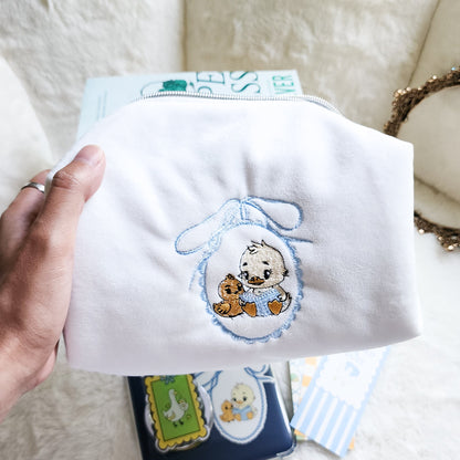 Duck and Chick Book Club Zippered Pouch | Bookish Makeup & Reading Accessories Bag - The Bean Workshop - book club gift, book girlie, bookish gift, bookish pouch, bow, coquette, gift for book lovers, kindle bag, makeup bag, quilted pouch, reading accessories, reading accessories bag, zipper pouch