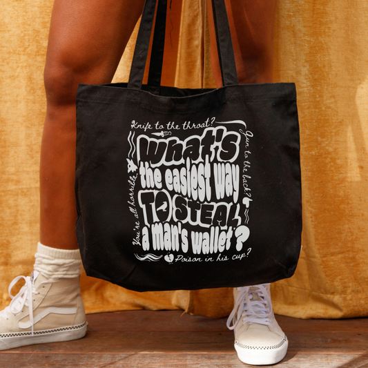 Easiest Way to Steal A Man's Wallet Large Organic Cotton Twill Tote Bag - The Bean Workshop - Book Lover Tote, Bookish Accessory, Canvas Shopper, Dark Fantasy Aesthetic, Grishaverse accessory, Kaz Brekker quote book bag for readers, Ketterdam, Leigh Bardugo literary merch, Library Bag, Six of Crows tote bag, The Crows fan gift, The Dregs, Typographic Design
