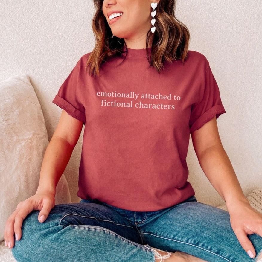 Emotionally Attached to Fictional Characters Tee Shirt - The Bean Workshop - book lover, bookish, box tee, minimalistic, read everyday, tee shirt