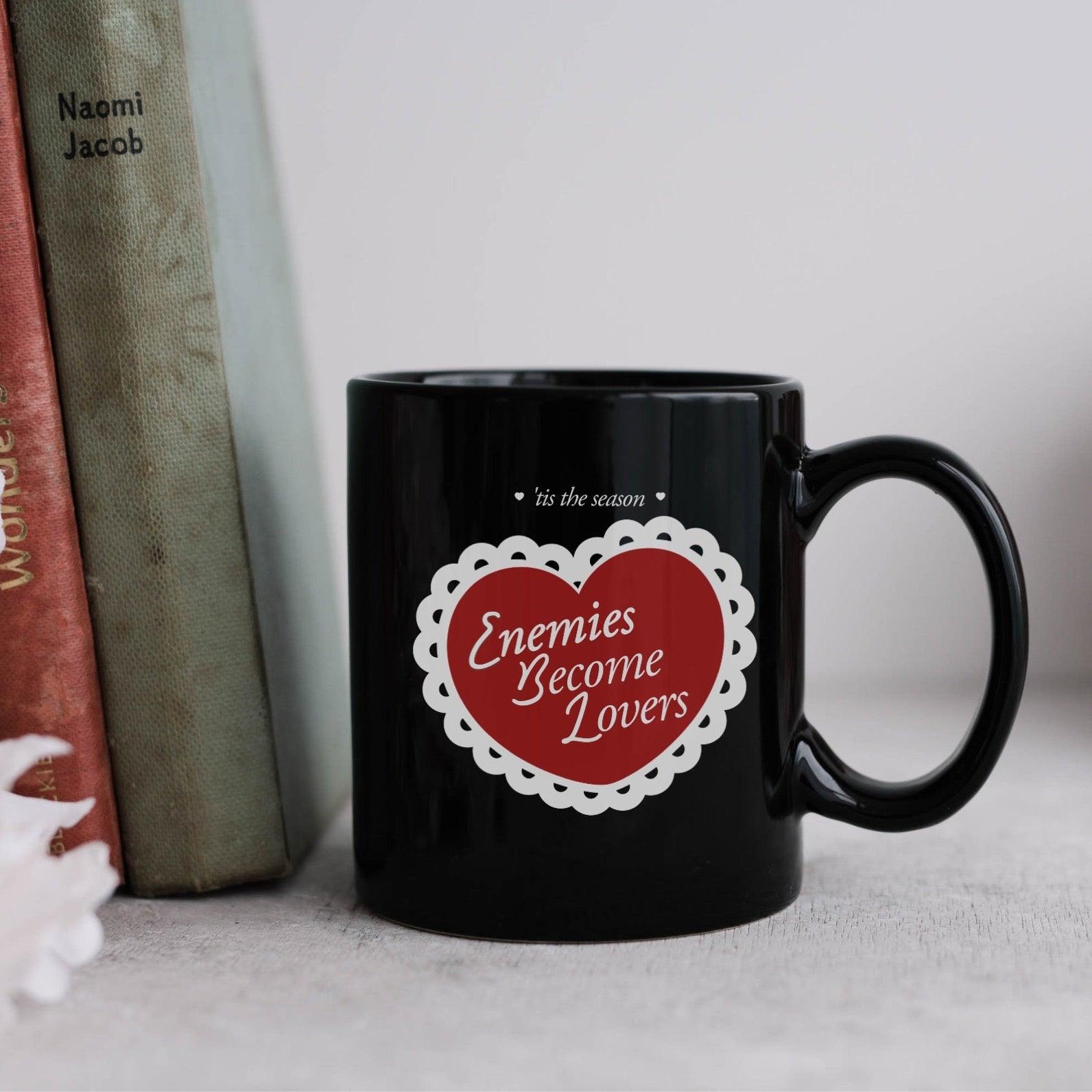 Enemies Become Lovers Black Coffee Mug - The Bean Workshop - black mug, book lover, ceramic mug, enemies become lover, mug, read everyday, valentine, Valentine's Day Picks