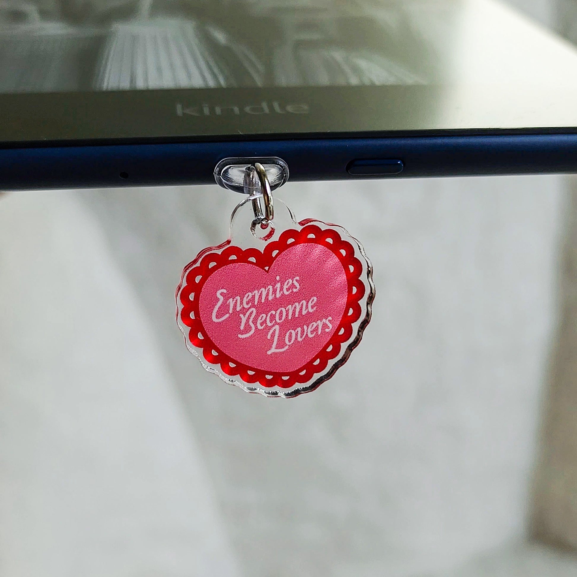 Enemies Become Lovers Kindle Charm - The Bean Workshop - dust plug, e readers, kindle charm, phone charm, reading accessories, valentine, Valentine's Day Picks