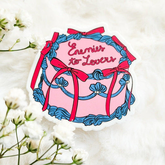 Enemies to Lovers Book Trope Retro Cake Sticker - The Bean Workshop - book lover gift, book trope, book trope sticker, Bookish Accessories, Bookish Gift, bookish sticker, coquette sticker, die cut sticker, enemies to lovers, kindle sticker, reading sticker, retro cake sticker, romance reader, sticker