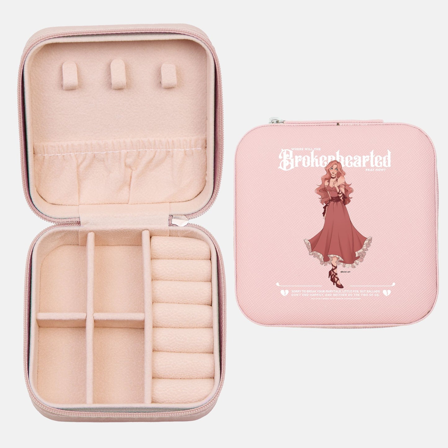 Pink jewelry travel case with character illustration and compartments for book lovers