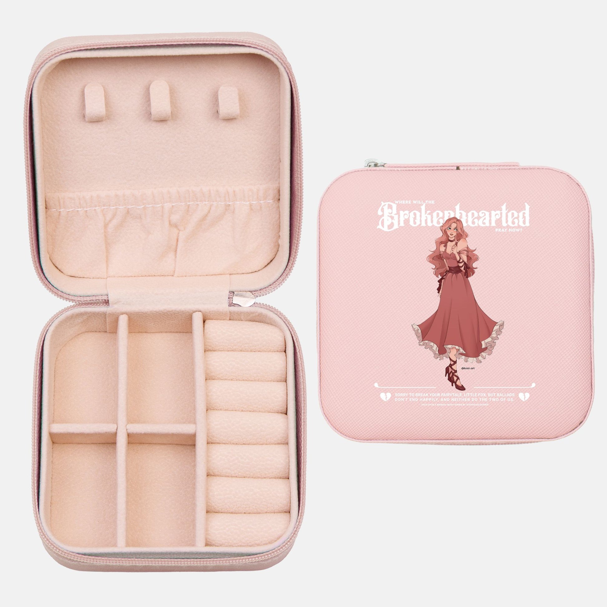 Pink jewelry travel case with character illustration and compartments for book lovers