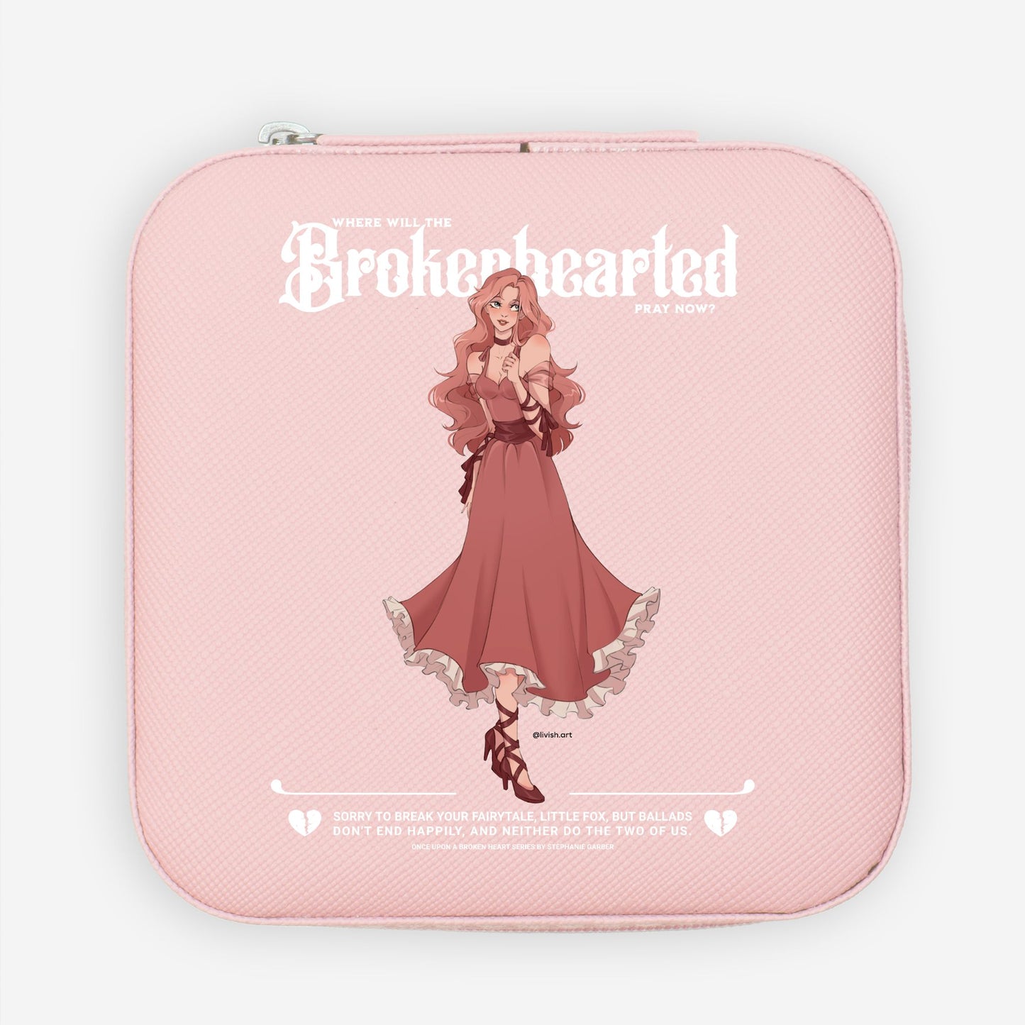 Pink jewelry travel case with illustrated girl in a flowy dress and bookish quote, coquette aesthetic