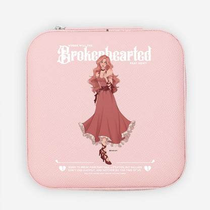 Pink jewelry travel case with illustrated girl in a flowy dress and bookish quote, coquette aesthetic