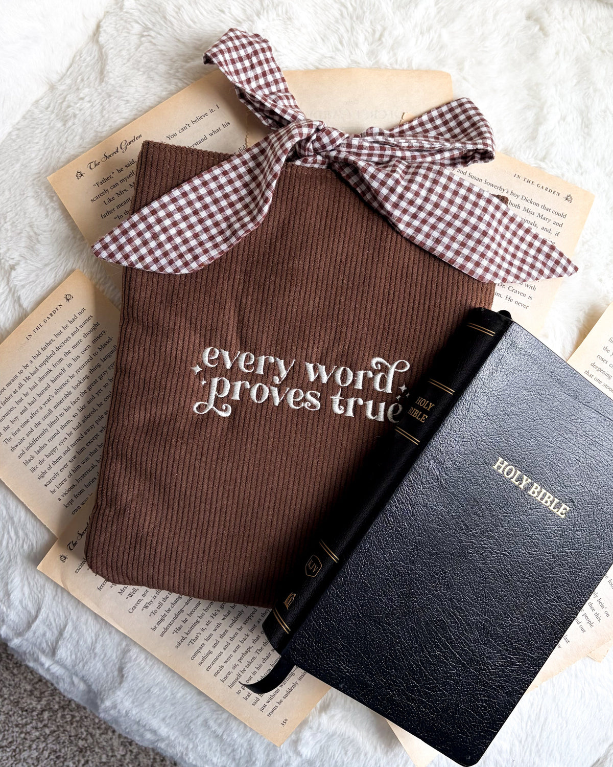Every Word Proves True Embroidered Corduroy Bible Sleeve with Bow Knot | Proverbs 30:5 - The Bean Workshop - Bible cover, Bible sleeve, book cover, book sleeve, bookish, Christian gift, church girlie, corduroy book sleeve, embroidered book sleeve, faith gift for women, gift for her, kindle sleeve, Proverbs 30:5, scripture gift, women of faith