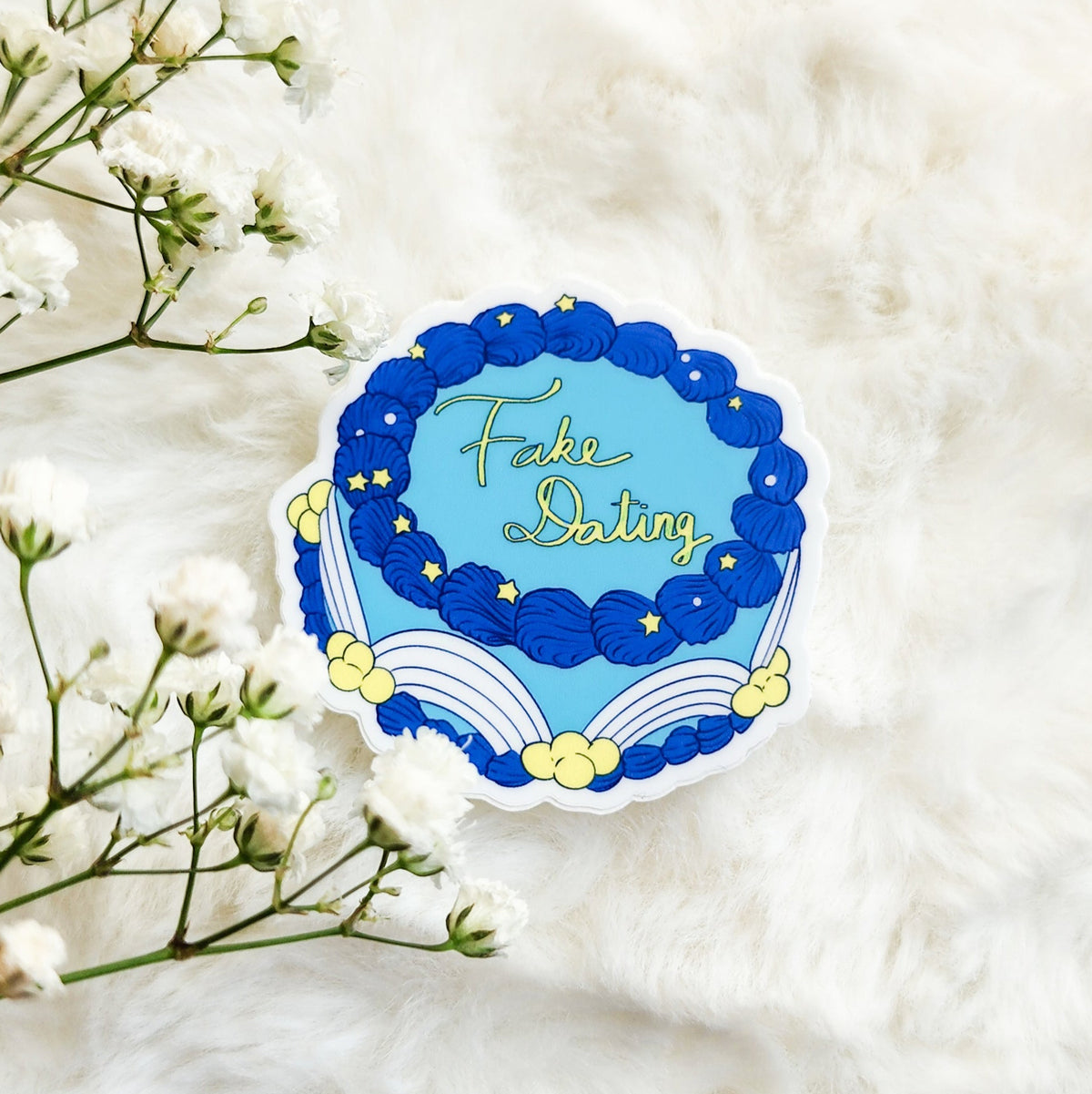 Fake Dating Book Trope Retro Cake Sticker - The Bean Workshop - book lover gift, book trope sticker, Bookish Accessories, Bookish Gift, bookish sticker, die cut sticker, enemies to lovers, fake dating, kindle sticker, romance reader, romance trope, sticker