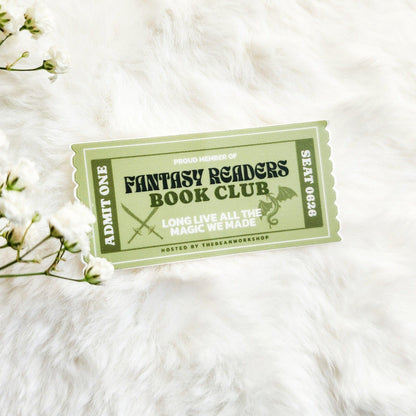 Fantasy Readers Book Club Ticket Sticker - The Bean Workshop - book club gift, book lover gift, book trope, Bookish Accessories, Bookish Gift, bookish sticker, die cut sticker, dragon sticker, fantasy reader, Fantasy Readers Book Club, fantasy romance sticker, kindle sticker, reading sticker, sticker